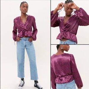 Purple Urban Outfitters Satin Wrap Top in size s-p